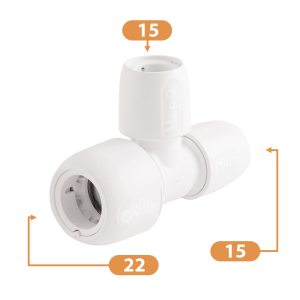 Hep2O Plastic Push-Fit Reduced Tee Fitting - 22mm x 15mm x 15mm Diagram