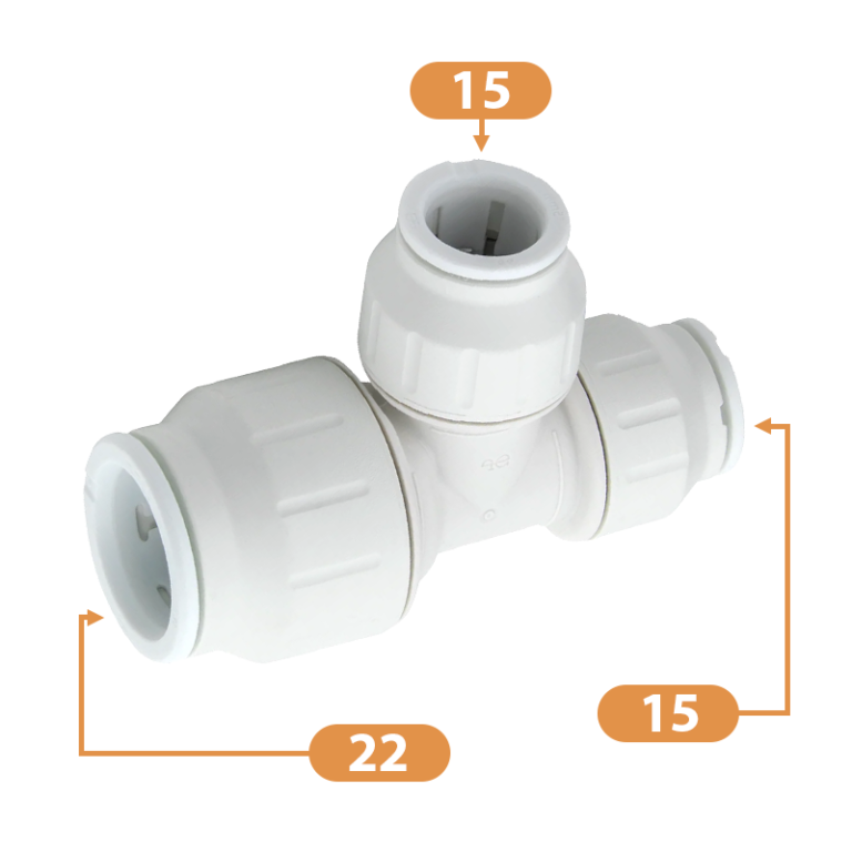 JG Speedfit White Plastic Reducing Tee - 22mm x 15mm x 15mm Diagram