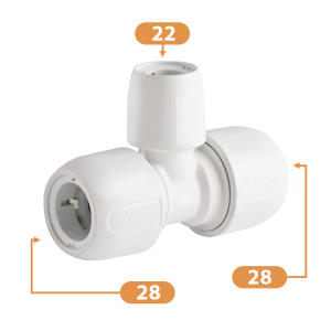 Hep2O Plastic Push-Fit Double End Reduced Tee Fitting - 28mm x 28mm x 22mm Diagram