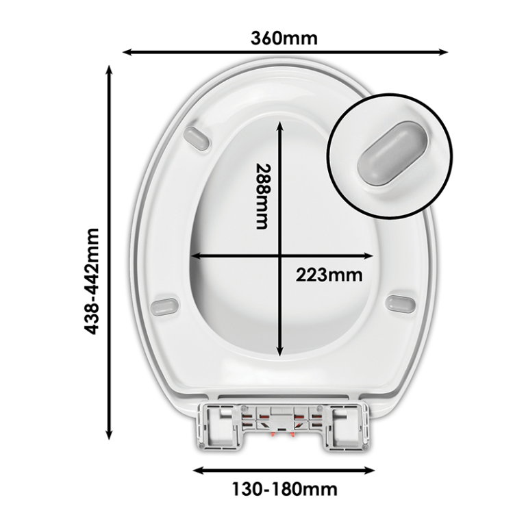 Celmac Tango White Soft Close Toilet Seat & Cover With Plastic Hinges Sizing