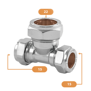 Chrome Compression Reducing Tee – 15mm x 15mm x 22mm Sizing