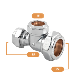 Chrome Compression Reducing Tee – 22mm x 15mm x 15mm Sizing