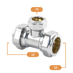 Chrome Compression Reducing Tee – 22mm x 22mm x 15mm Sizing