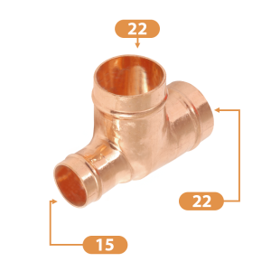 Copper Solder Ring Reducing Tee - 22mm x 15mm x 22mm Sizing