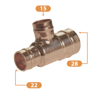 Copper Solder Ring Reducing Tee - 28mm x 22mm x 15mm Sizing