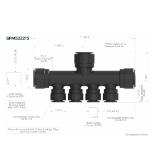 JG Speedfit 4 Port Plastic Rail Manifold – 22mm x 15mm Diagram