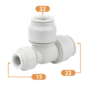 JG Speedfit White Plastic Reducing Tee - 22mm x 15mm x 22mm Diagram