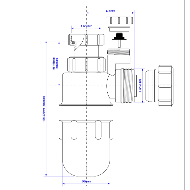 McAlpine A10AV Anti Syphon Adjustable Inlet Bottle Trap - 32mm Drawing