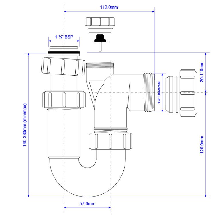 McAlpine ASA10V Adjustable Inlet Swivel Anti-Syphon P Trap - 32mm Diagram