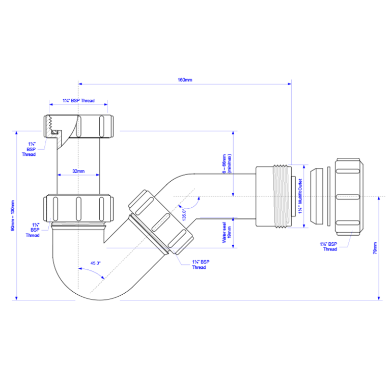 McAlpine BT1 Adjustable Inlet Tubular Swivel P Trap - 1:4 Drawing