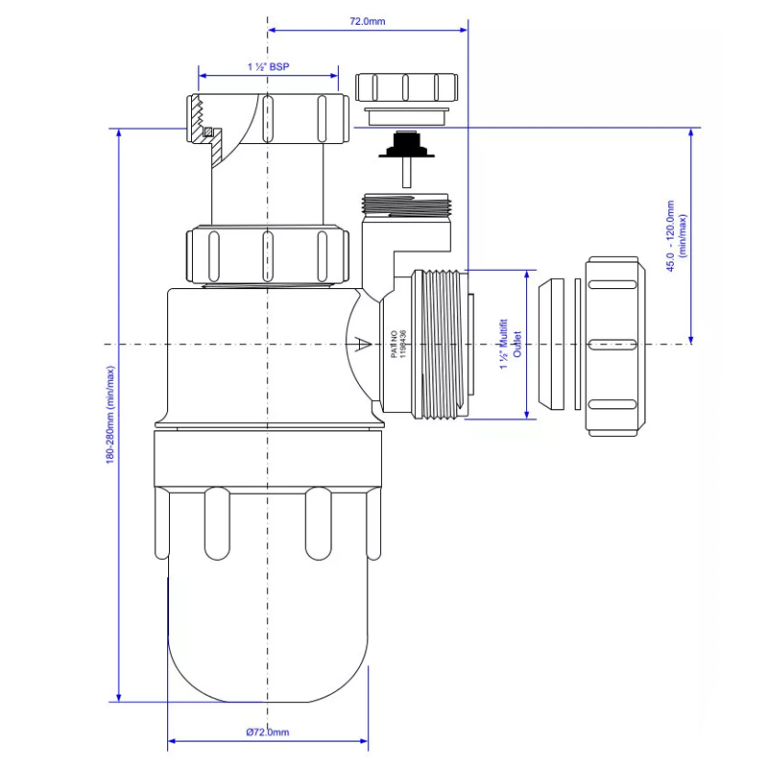 McAlpine C10AV Anti-Syphon Adjustable Inlet Bottle Trap - 40mm Drawing
