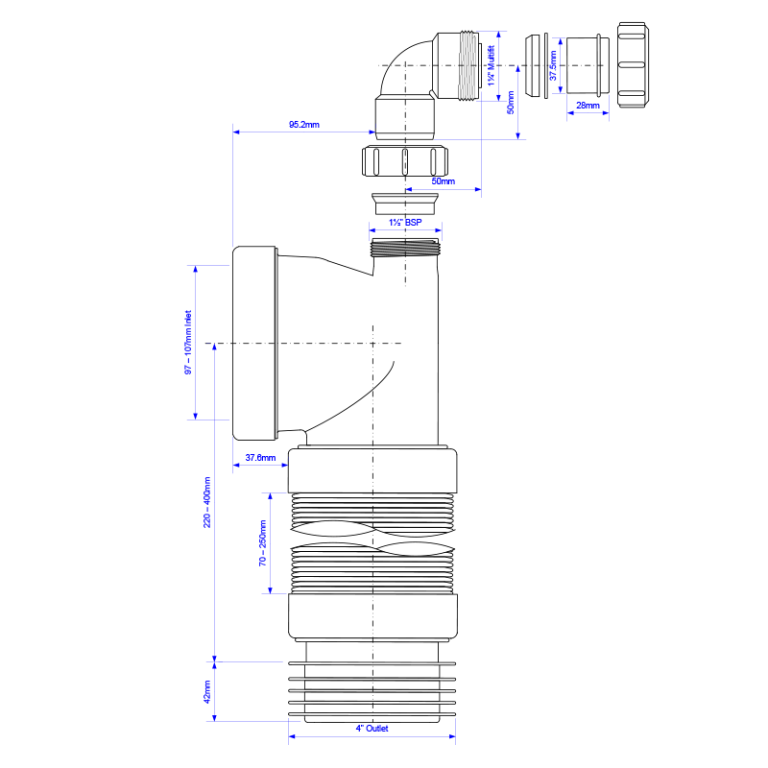 McAlpine WC-CON8FV 90° Bend Pan Connector with Boss – 110mm Drawing