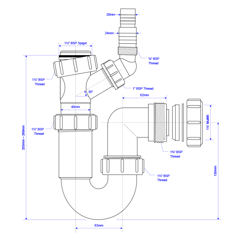 McAlpine WM15 Adjustable Sink Trap with 135° Swivel Nozzle - 40mm Drawing