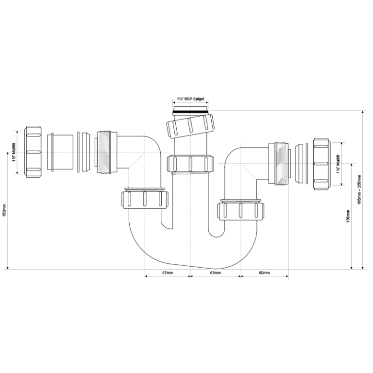McAlpine WM4 Adjustable Washing Machine Waste Trap - 40mm Drawing